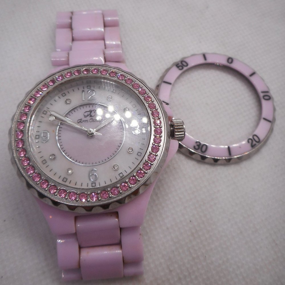ARM CANDY Pink Ceramic Band Rhinestone Bezel Quartz Watch!